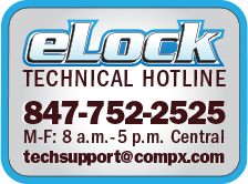 CompX elock Technical Assistance Hotline - 847-752-2525 or techsupport@compx.com