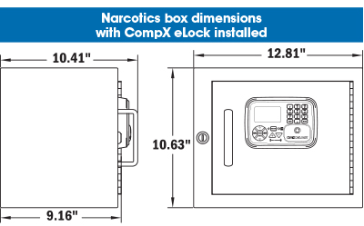 Dimensions of the standard NARC box: 12.81 inches wide, 10.63 inches tall, 10.41 inches deep including the eLock mounted on front, 9.16 inches deep not counting the eLock mounted on the front
